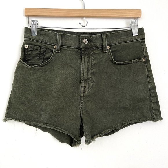 7 For All Mankind Size 28 Olive Army Green Shorts Frayed Mid- Rise - Picture 2 of 10